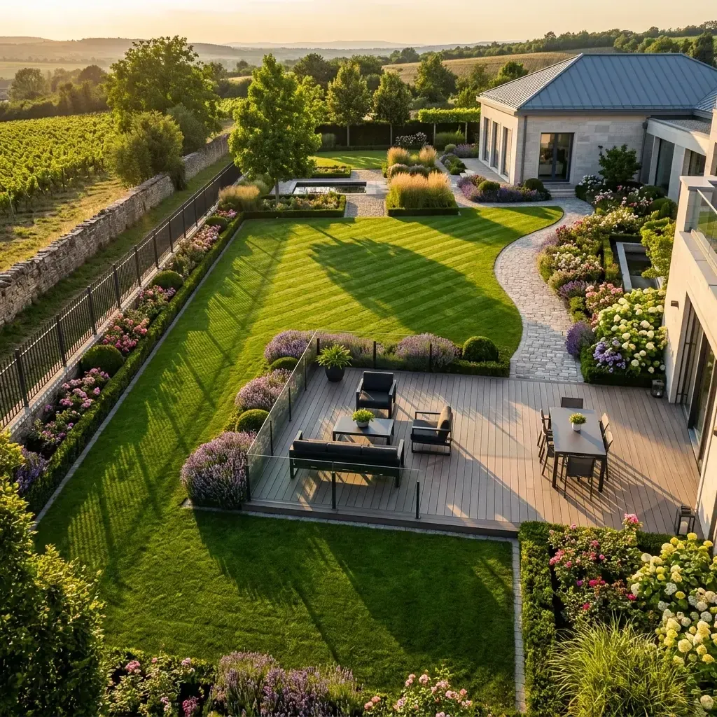 Jardin aménagé avec terrasse en bois et clôture Jardin aménagé avec terrasse et clôture dans le Morbihan